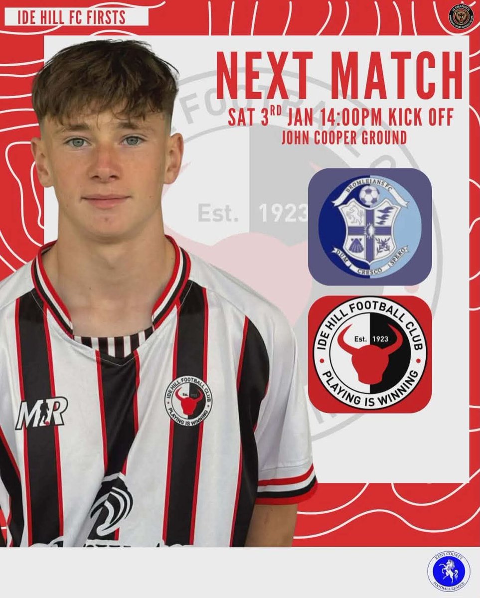 idehillfc's tweet image. Next Up

We’re ready and we’re back on the road 👊🏼⚫️⚪️

Ide Hill 🆚 Bromleians
🗓️ Saturday 3rd January 2026
⏰ 2.00pm KO
📍 John Cooper Ground, Lower Gravel Road, Bromley, BR2 8LL
🏆 KCFL Division 1 West

Featured player Ashton Malyon-Chantler is available to sponsor for £75