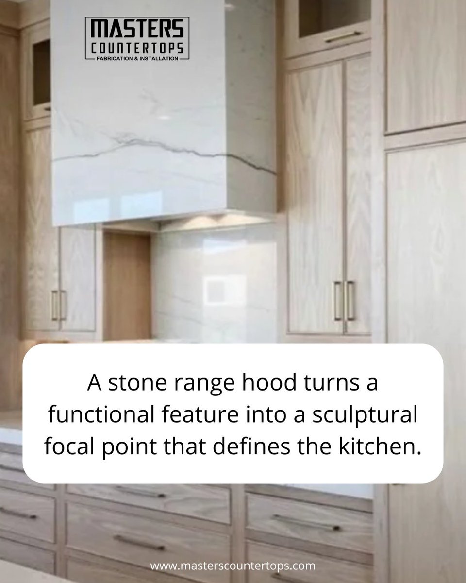 masterscounters's tweet image. Stone range hoods have emerged as a defining element in refined kitchen design. Clad in quartz, quartzite, marble, or granite, they transform a functional necessity into a sculptural focal point. Visit our showroom to explore stone options: zurl.co/OqqxP  #countertops