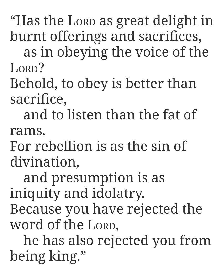 HisGloryBlog's tweet image. 1 Samuel 15:22-23 
The intention of sacrifice was submission and obedience. Today that is relationship over religion.