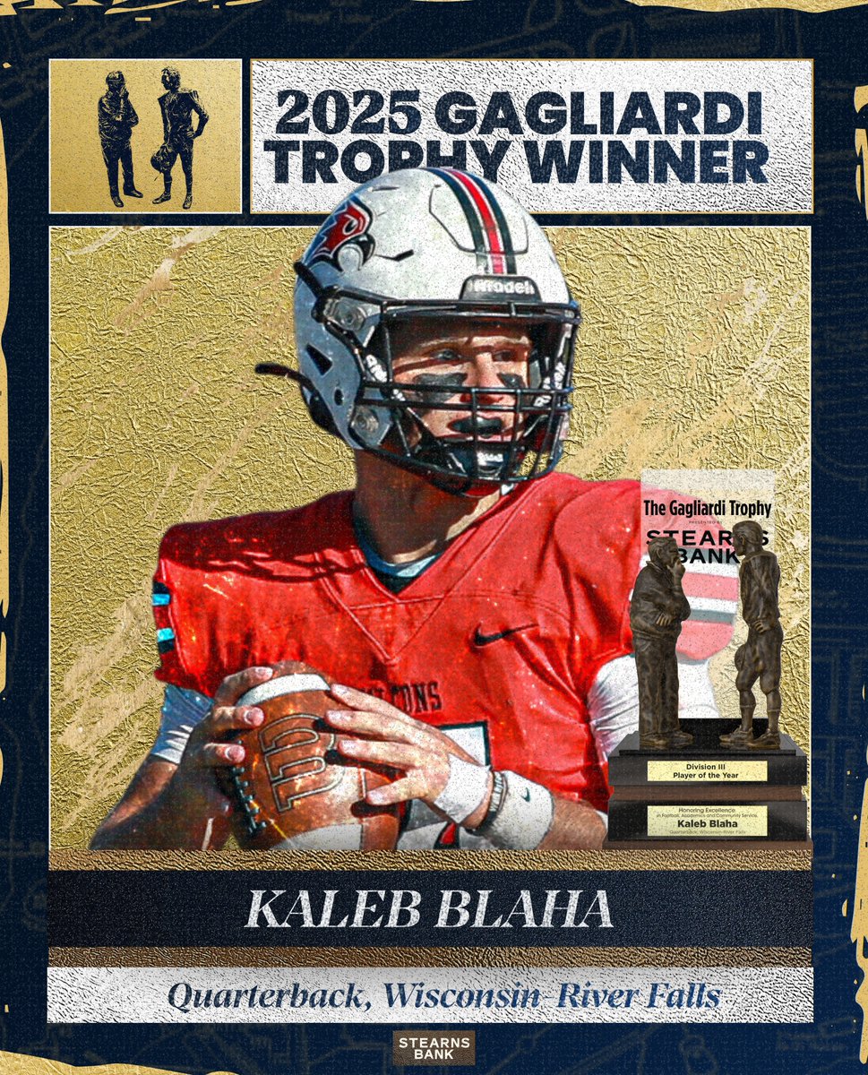 Congratulations to the 2025 Gagliardi Trophy presented by Stearns Bank winner, <a href="/UWRFFalcons/">UW-River Falls Athletics</a> quarterback Kaleb Blaha! 

#GagliardiTrophy | #d3fb