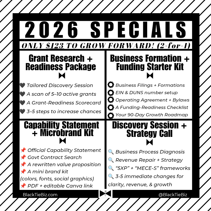 As we head into 2026, ror a limited time, we’re offering our 2026 Business Specials:

👉 $123 gets you TWO essential business services (2-for-1)

No subscription or long-term commitment. Just focused, hands-on support to move forward with confidence!
#grantready #builtolast
