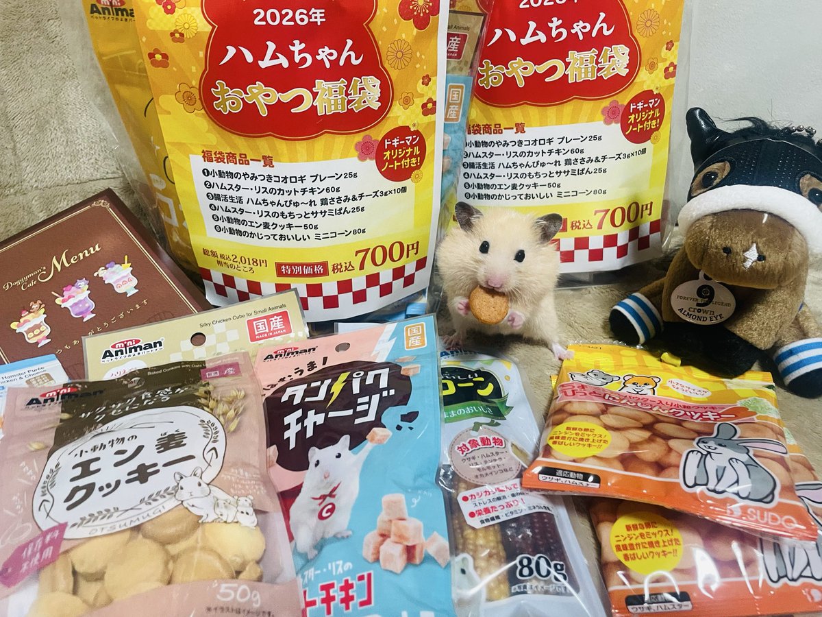 ohana02's tweet photo. 本年も宜しくお願いします。
今年は買えたハムちゃん福袋
沢山のおやつでなっつもムースも大満足。
#あけましておめでとうございます  
#2026year #ハムスター　#福袋　#馬年

https://t.co/wa38iST79I https://t.co/eLopNcfIdQ