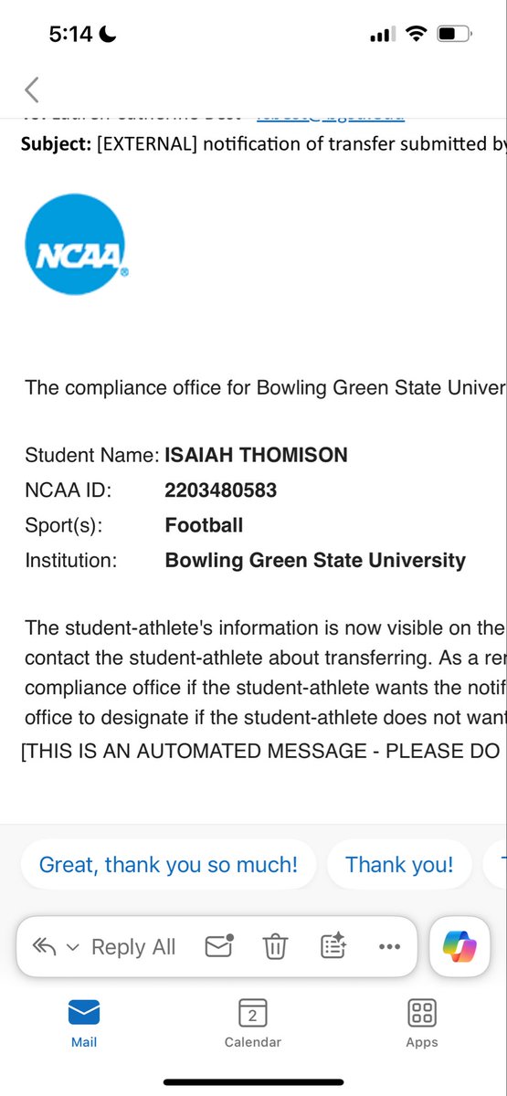 Thank you God for everything you have done for me everyday. I would like to thank everyone <a href="/BG_Football/">BGSU Football</a> for believing in me and every opportunity they have given me to be successful. I will be transferring with 2 years of eligibility left can’t wait for what the future has for me