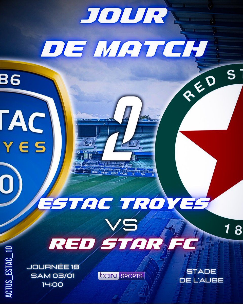 ACTUS_ESTAC_10's tweet photo. 📅 𝐉𝐎𝐔𝐑 𝐃𝐄 𝐌𝐀𝐓𝐂𝐇 !

⚔️ @estac_officiel 🆚 @RedStarFC 
📆 Sam 03/01
🕑 14:00
🏟️ Stade de l'Aube
🗓️ Journée 18
🏆 @Ligue2BKT 
📺 @beinsports_FR https://t.co/MstuUwS7wA