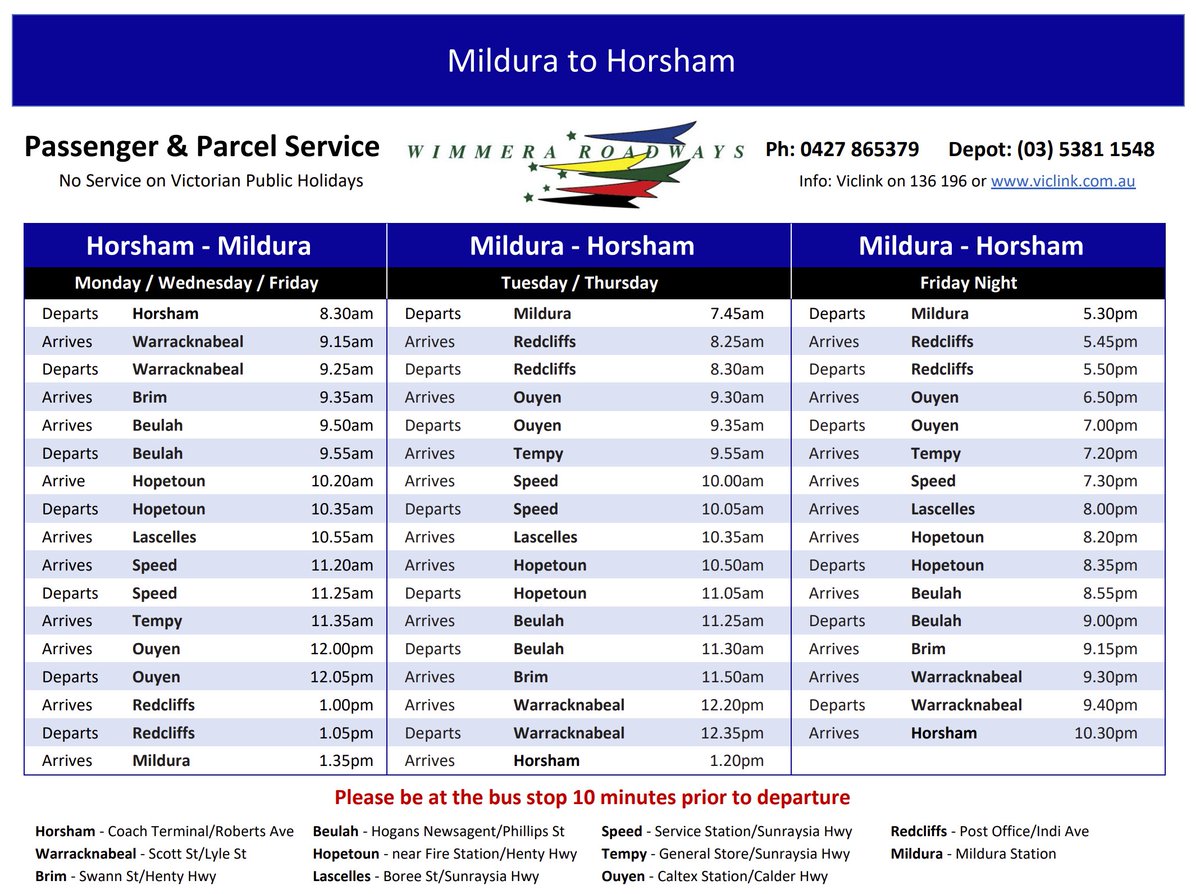 atlight_alan's tweet photo. * None of the bus stops have signposts
* To get to Mildura and back on the same day, you have to travel on Friday. There are no round trips to Horsham
* Anecdotally it gets 1 or 2 passengers per trip Mon-Thu (more during school hols). The Friday round trip is busier
2/3 https://t.co/qeITJ713wc