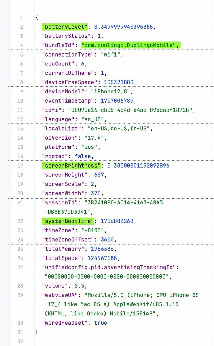 mysk_co's tweet image. Duolingo's iOS app collects various device signals and identifiers to track users, including battery level, keyboard languages, and system uptime. It's a privacy-invasive app, so never install their native app. Instead, use their web app in a  private browser like Brave or Psylo