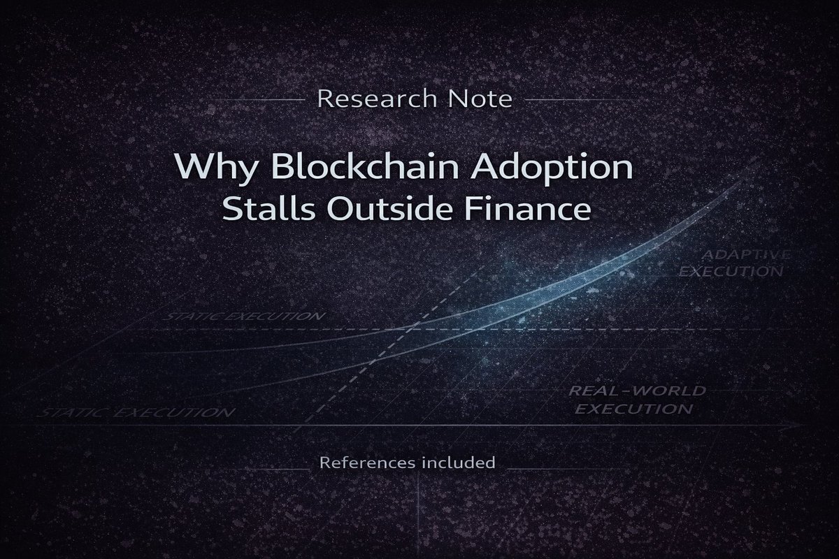 AurlinkHQ's tweet photo. Why Blockchain Adoption Stalls Outside Finance
 
Abstract 

Despite significant advances in throughput, cost reduction, and infrastructure design, blockchain adoption remains largely concentrated in financial use cases. This research note examines the underlying reasons for this limitation and argues that static execution models—rather than throughput or cost—represent a primary barrier to broader, real-world adoption.
  
1. State of the Technology
 
Over the past decade, blockchain systems have achieved measurable progress, including:

- Higher throughput through rollups and parallel execution
 
- Lower transaction costs via Layer-2 systems and alternative consensus designs
 
- Improved developer tooling and ecosystem maturity

Despite these advances, adoption remains largely confined to:

- Payments
 
- Decentralized finance (DeFi)
 
- Asset issuance and trading

This disconnect between technical progress and adoption breadth suggests the presence of a structural bottleneck rather than a purely technical one.
  
2. The Execution Model Constraint
 
Most blockchain virtual machines are built on static execution assumptions, including:

- Fixed gas accounting models
 
- Uniform execution paths for heterogeneous workloads
 
- Short-lived, transaction-scoped execution

In contrast, real-world systems typically involve:

- Variable and unpredictable demand patterns
 
- Long-running or persistent processes
 
- Context-dependent execution requirements

Static execution models struggle to efficiently represent and manage these dynamics, resulting in high operational overhead and limited flexibility.
  
3. Evidence from Prior Research
 
This constraint has been identified across both academic and industry research:

-  
Harvard Business Review — Why Decentralized Applications Fail Highlights rigid execution models and coordination overhead as major barriers to non-financial adoption.

-  
Croman et al. (2016) — On the Limits of Blockchain Scalability Demonstrates that throughput improvements alone do not resolve fundamental execution bottlenecks.

-  
IEEE Security & Privacy — Smart Contracts: Security and Execution Challenges Discusses the difficulty of supporting complex, long-running logic within static execution environments.

-  
Ethereum Research Forum — Stateful Execution Discussions** Ongoing research debates reveal unresolved challenges around adaptive workloads and execution flexibility.

Collectively, these works suggest that performance gains at the throughput layer do not address deeper execution-level limitations.
  
4. Sector Impact

Sector
 
Execution Requirement
 
Static VM Limitation

AI Systems
 
Variable inference & training load
 
Inefficient cost and scheduling

Public Infrastructure
 
Long-running processes
 
Poor lifecycle handling

Supply Chain
 
Contextual state transitions
 
Excessive overhead and rigidity

IoT
 
Burst-and-idle execution patterns
 
Cost inefficiency

5. Implications
 
Until execution models evolve to:

- Adapt dynamically at runtime
 
- Handle workload variability natively
 
- Support long-lived and stateful processes

Blockchain adoption is likely to remain constrained, regardless of further throughput improvements.
  
Conclusion

Blockchain scalability is no longer primarily a throughput problem. It is an execution model problem.

1. Croman, K. et al. (2016). On the Limits of Blockchain Scalability.
 
2. Harvard Business Review. Why Decentralized Applications Fail.
 
3. IEEE Security & Privacy. Smart Contracts: Security and Execution Challenges.
 
4. Ethereum Research Forum. Stateful Execution & Adaptive Workload Discussions.