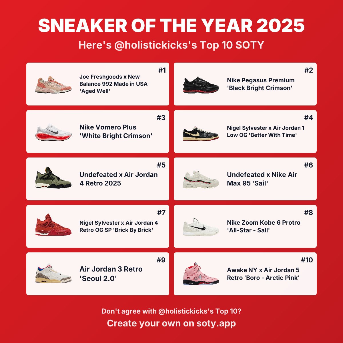 Thank you <a href="/sockjig/">sockjig</a> for the sneaker of the year app.

I only picked up 5 pairs (JFG, Nigel Low, Nike runner and UDFTD 95) this year. 

Comfort was king in 2025.