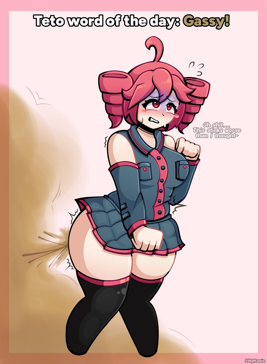 SillyNamie's tweet photo. [CW: Farts, shart]

Today's word is "gassy"... So teto is showing you how a gassy girl is!

(Just make sure to get away, she ate something bad, it stinks!) https://t.co/a49DbeWWYz