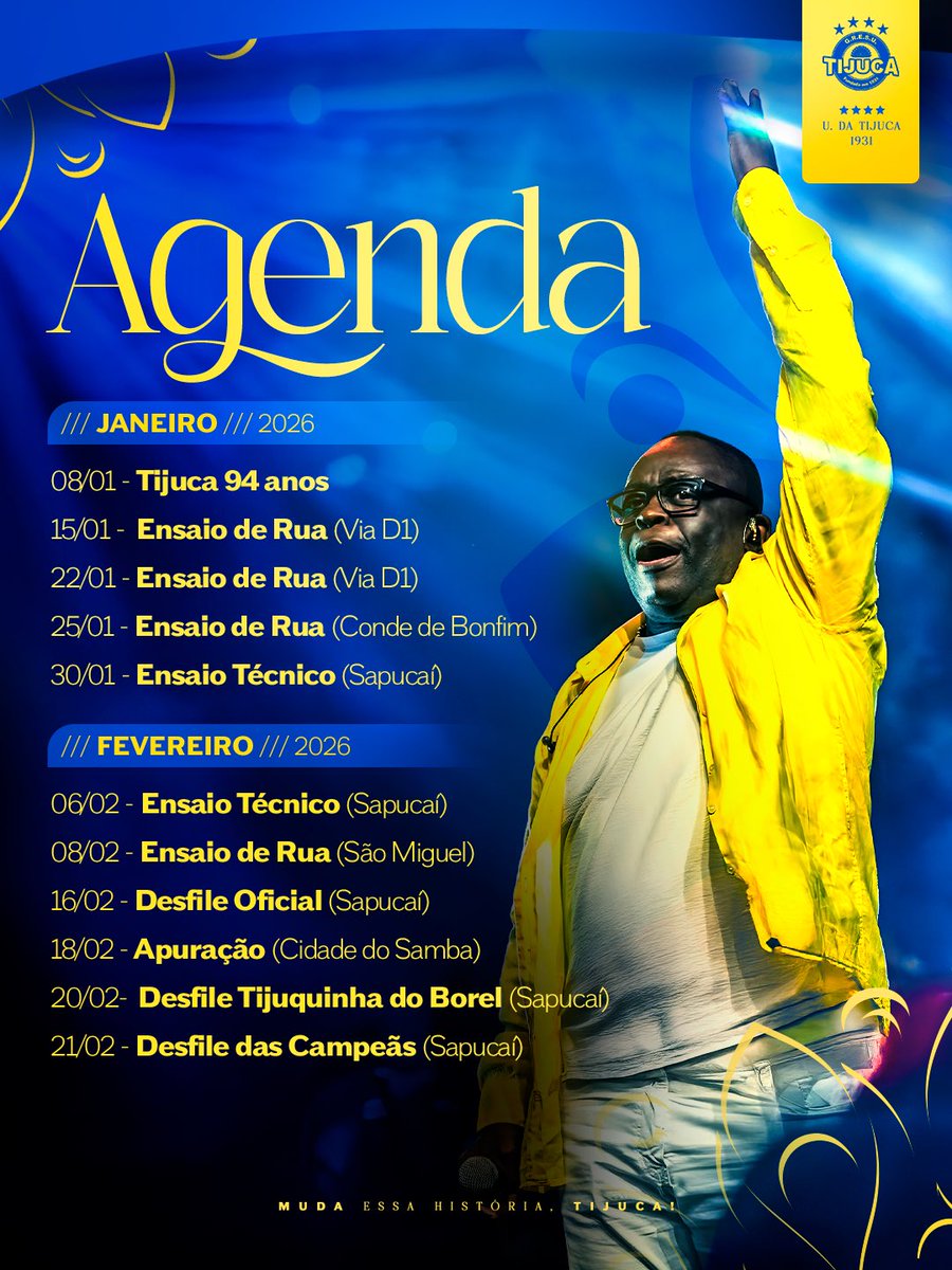 gresutijuca's tweet photo. O calendário oficial da Unidos da Tijuca já está no ar, reunindo todas as atividades, ensaios, eventos e compromissos que vão marcar o início do nosso ano mais esperado. Cada data é um passo rumo à Sapucaí, cada encontro é construção de um sonho coletivo.

Fique atento, se programe e venha fazer parte dessa história que já está sendo escrita. O ano do nosso desfile começou!