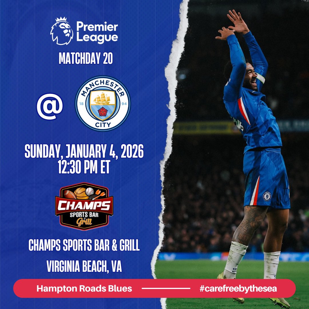 Chelsea head north to play at Man City.
Join us to support the players on the field that represent the world champions. 
Kickoff is at 12:30 pm this Sunday.
As always, we are #carefreebythesea