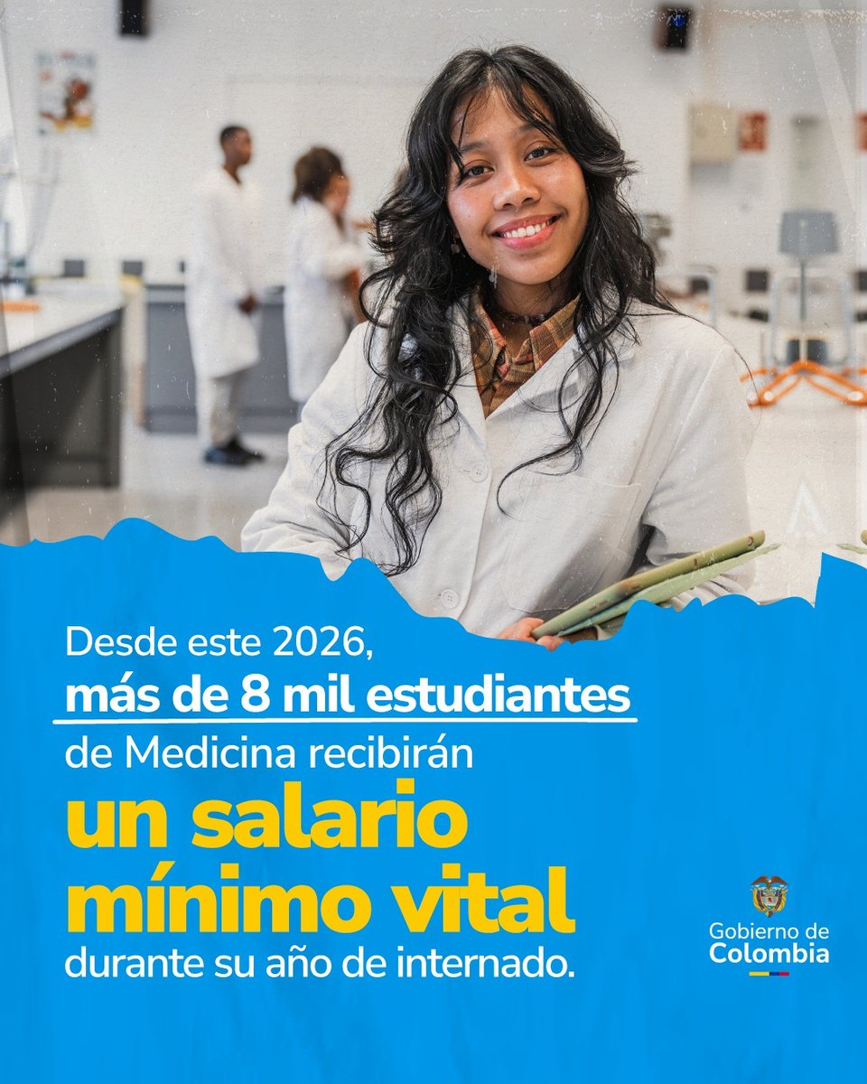 infopresidencia's tweet image. Gracias a la Reforma Laboral del Gobierno del Cambio, desde 2026 más de 8.000 estudiantes de Medicina recibirán un salario mínimo vital y afiliación a seguridad social durante su año de internado obligatorio.

A través de @MinSaludCol destinaremos más de $200.000 millones para…