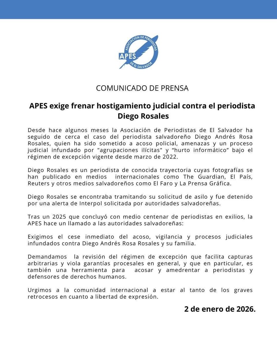 APES hace un llamado para frenar el acoso, vigilancia y procesos judiciales infundados contra el fotoperiodista Diego Rosales y su familia.