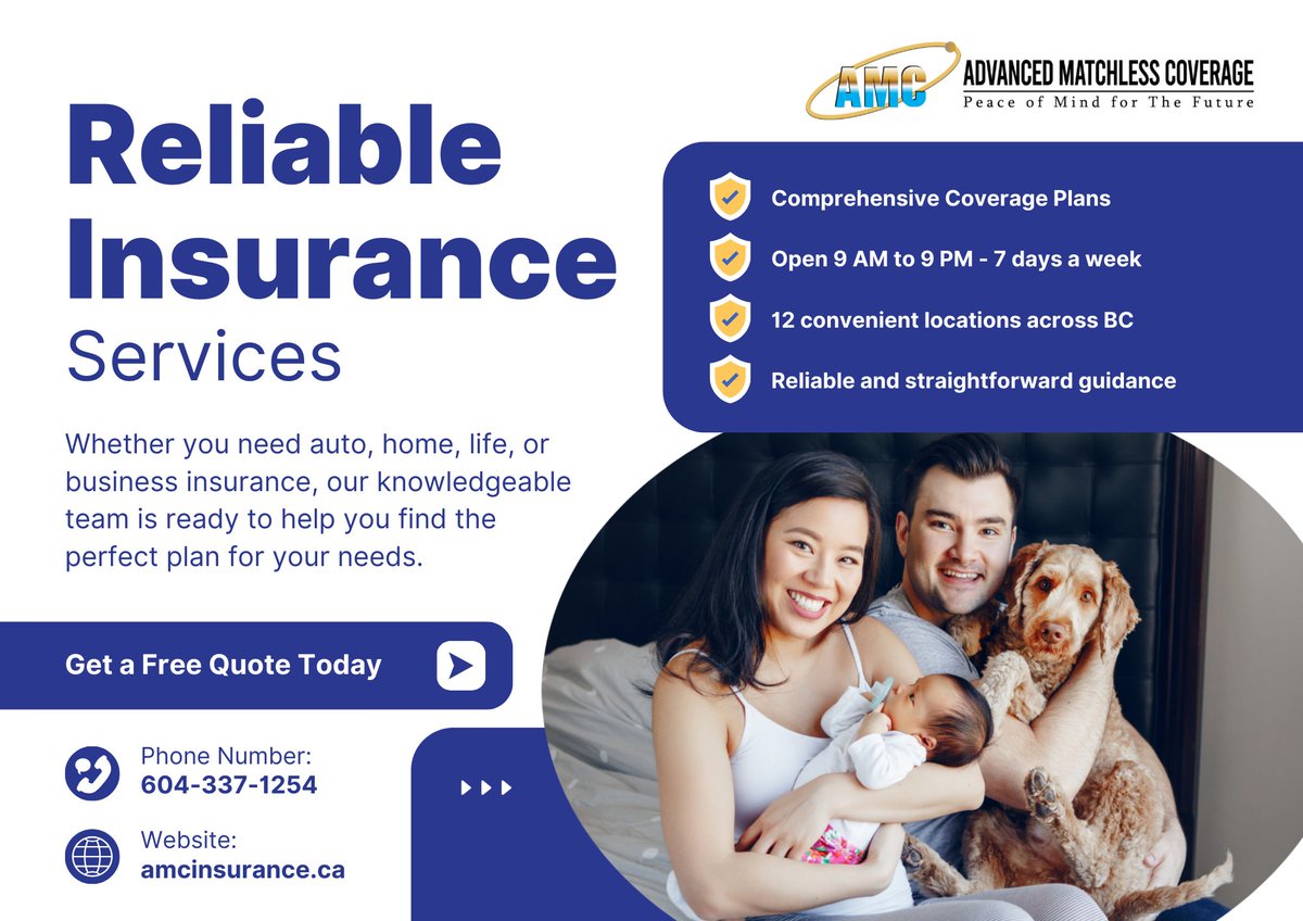 AMC_insurance's tweet photo. Protect your world with AMC Insurance! 🛡️ From home and auto to cyber and business, we’ve got you covered across 12 BC locations. 🇨🇦

✅ Multilingual support
✅ In-person, phone, or email

Get a quote: https://t.co/S2Fhb1KTjW 📞 604-337-1254

#InsuranceBC #PeaceOfMind https://t.co/CfGDLwjlOa