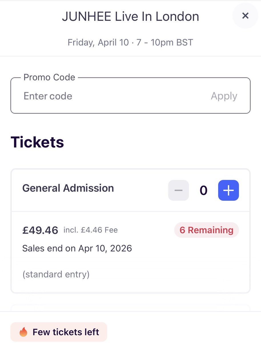 Only six tickets left for Junhees concert in London C.C.s !