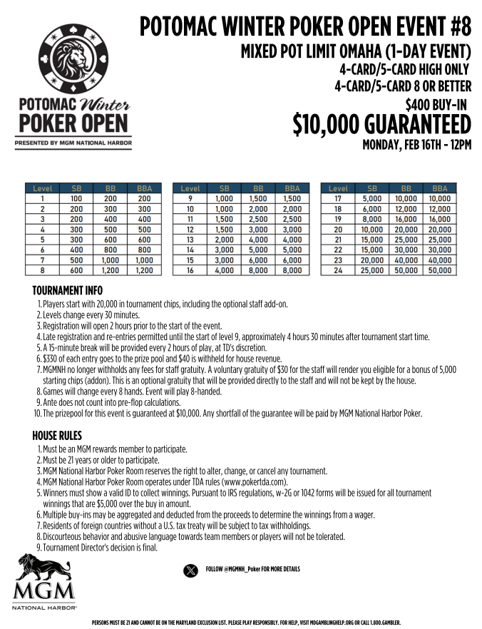 MGMNH_Poker's tweet photo. Not just Hold’em.

February's PWPO brings 6 #mixedgame events into the spotlight with variety, skill, and balance baked in.

If you know, you know.

#PWPO2026 #MGMNHPoker https://t.co/3Fn0YwJXER