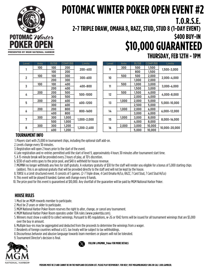 MGMNH_Poker's tweet photo. Not just Hold’em.

February's PWPO brings 6 #mixedgame events into the spotlight with variety, skill, and balance baked in.

If you know, you know.

#PWPO2026 #MGMNHPoker https://t.co/3Fn0YwJXER