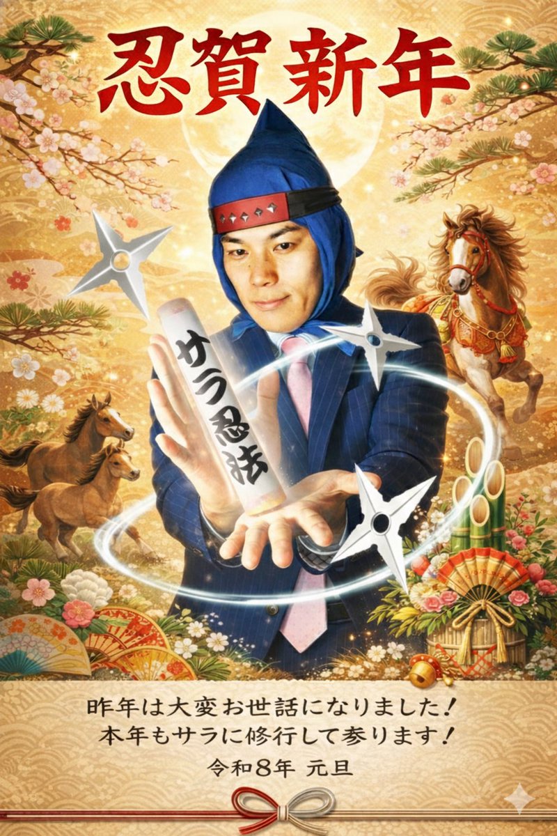 saraninman's tweet photo. 【サラ忍マン☆忍賀新年2026】

新年明けましておめでとうでござる✨

サラにサラに精進してまいります！

本年もよろしくお願いいたします！

m(＿^＿)mにんにん☆ https://t.co/jUqCDqrfDp