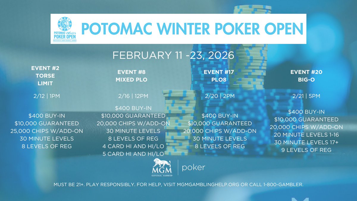 MGMNH_Poker's tweet photo. Not just Hold’em.

February's PWPO brings 6 #mixedgame events into the spotlight with variety, skill, and balance baked in.

If you know, you know.

#PWPO2026 #MGMNHPoker https://t.co/3Fn0YwJXER