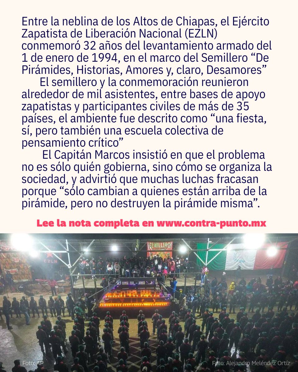 🖤🌿 Entre la neblina de los Altos de Chiapas, el EZLN conmemoró 32 años del levantamiento de 1994.
Memoria insurgente, pensamiento crítico y celebración colectiva desde Oventik.

🔗No te pierdas nuestra nota: contra-punto.mx/a-32-anos-del-…

#EZLN #Zapatismo #Chiapas #MemoriaHistórica