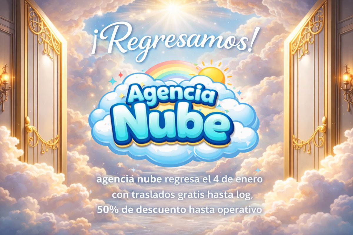 ¡Las puertas se vuelven a abrir! ☁️✨
Agencia Nube regresa este 4 de enero con traslados gratis hasta log y 50% OFF hasta operativo.
El cielo vuelve a moverse.