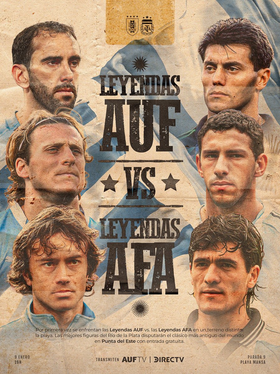 Uruguay's tweet image. 2026 trae el estreno de las Leyendas AUF: enfrentarán a las de AFA en Punta del Este con entrada gratuita el 9 de enero ⛱️

ℹ️ auf.org.uy/leyendas-celes…