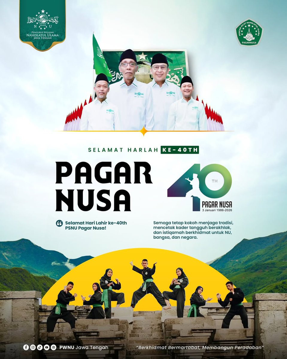 Selamat Harlah ke-40 PSNU Pagar Nusa! PWNU Jawa Tengah menyampaikan apresiasi dan doa atas khidmah Pagar Nusa dalam menjaga tradisi, membina ketangguhan lahir batin, serta membentuk kader berakhlak yang setia berkhidmat untuk Nahdlatul Ulama, bangsa, dan negara. 

Semoga di usia