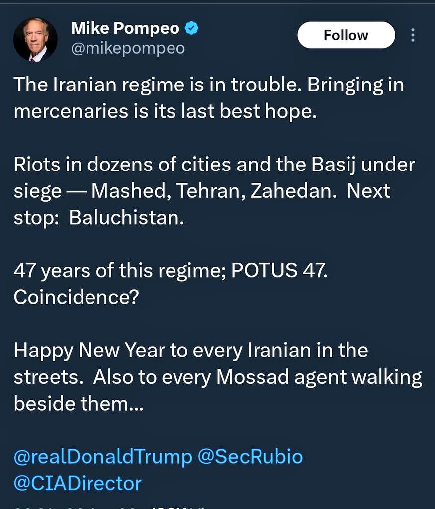 MIKE POMPEO SAYS IRANIAN PROTESTERS HAVE ‘MOSSAD AGENTS WALKING BESIDE THEM’

📷 Via <a href="/RadicalRumi/">Radical Rumi 🇮🇷🇵🇸</a>