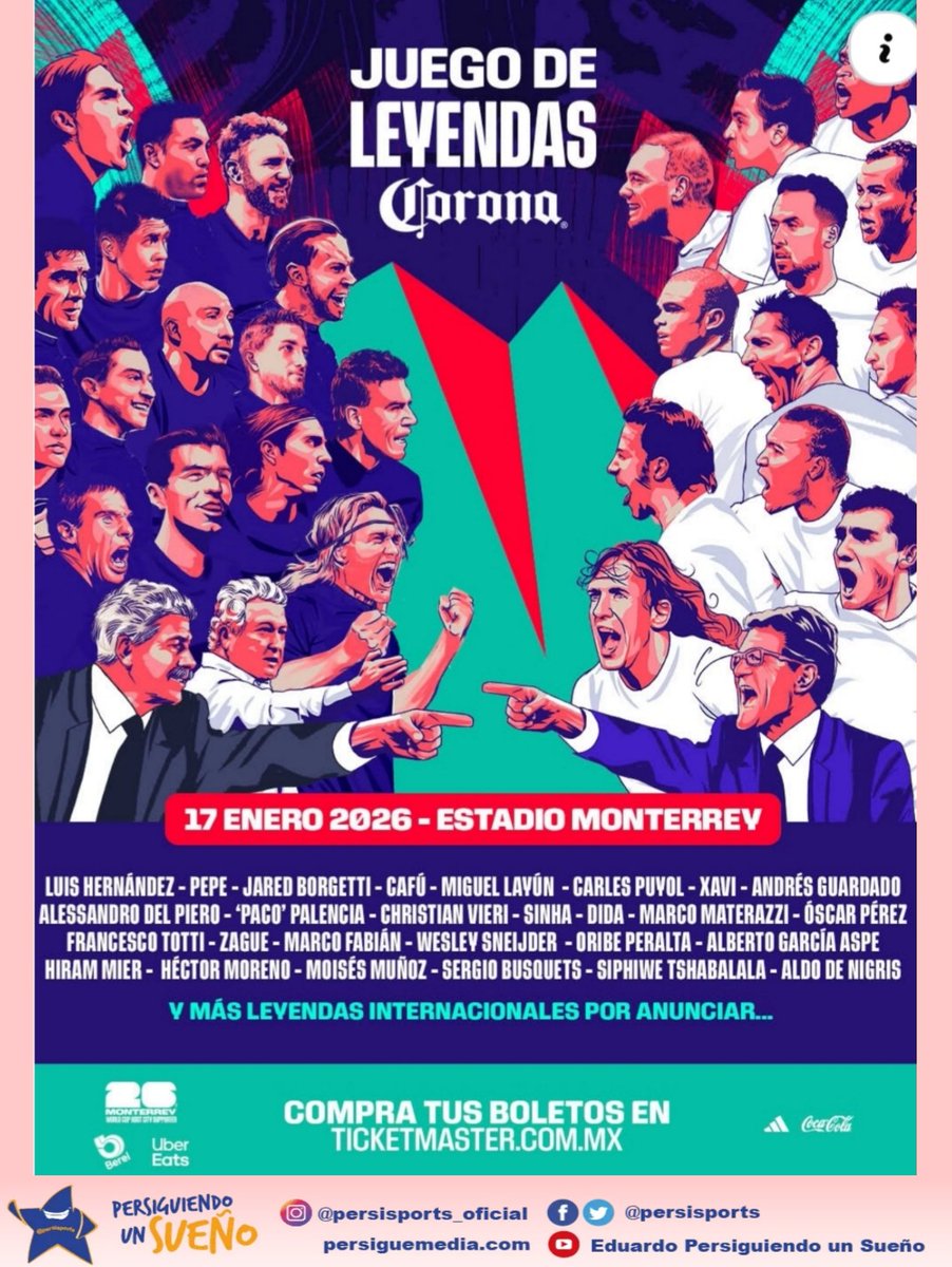 persisports's tweet photo. SE VIENE EL JUEGAZO DE LEYENDAS ESTE 17 DE ENERO DEL 2026. 
ESTADIO BBVA MONTERREY.
LAS LEYENDAS DE MEXICO VS LAS LEYENDAS DEL MUNDO.
JUGADORAZOS CAMPEONES DEL MUNDO; CHAMPIONS..
UN DELEITE PREVIO A LA COPA DEL MUNDO 2026.monterrey https://t.co/nj50DbE6qr