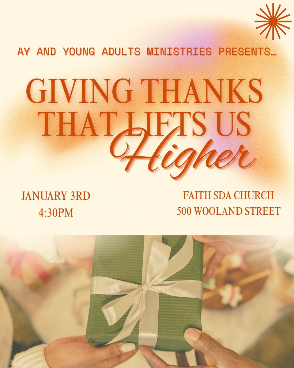 faith_sda's tweet photo. Sabbath Flow - 1.3.26
On the 1st Sabbath of the year, join us for a full day of worship, learning, and lifted praise.
9 AM - First Praise 
10 AM - Sabbath School Panel
11 AM - Divine Worship
3:30 PM - Bible Study
4:30 PM - AY
Stay connected  by visiting: https://t.co/kd3x8wDm3j https://t.co/pyc6C6PQoL