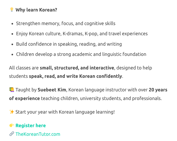 thekoreantutor's tweet photo. Last Reminder – Winter 2026 Korean Classes

January is a great time to start learning Korean.
A fresh year, a new skill, and a meaningful way to grow—for yourself or your child.
Our Winter 2026 term begins January 10, with classes for adults (15+) and children (ages 6–14). https://t.co/LlbFMmNw25