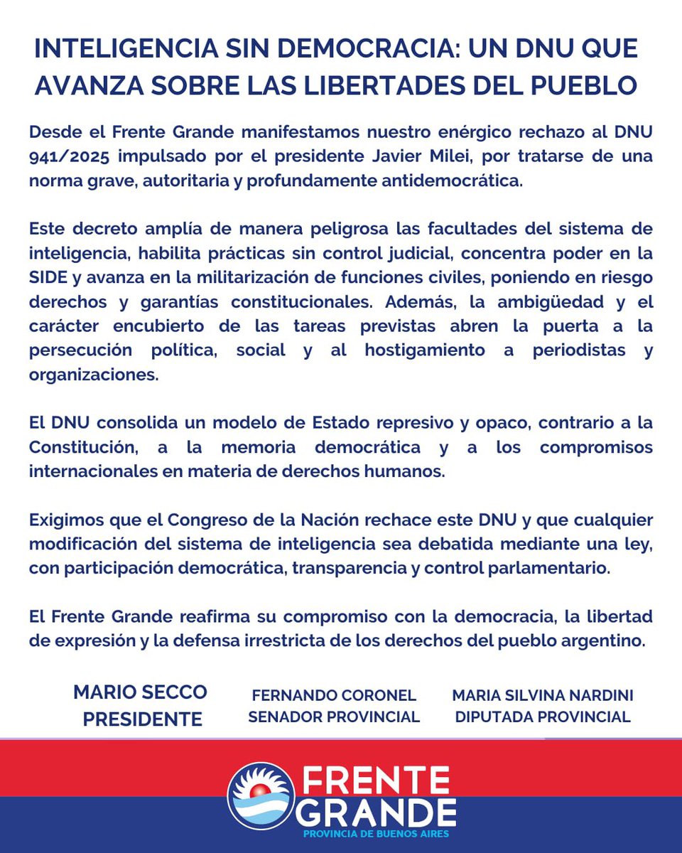INTELIGENCIA SIN DEMOCRACIA
<a href="/FGBuenosAires/">Frente Grande PBA</a> <a href="/SilviNardini/">Silvina Nardini</a>