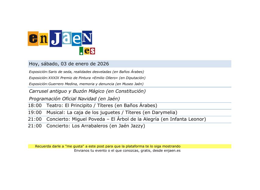 🗓️ Hoy,  03/01/2026, en Jaén Capital....
📍 Más info en enjaen.es
#jaén #enJaen #cultura #eventos