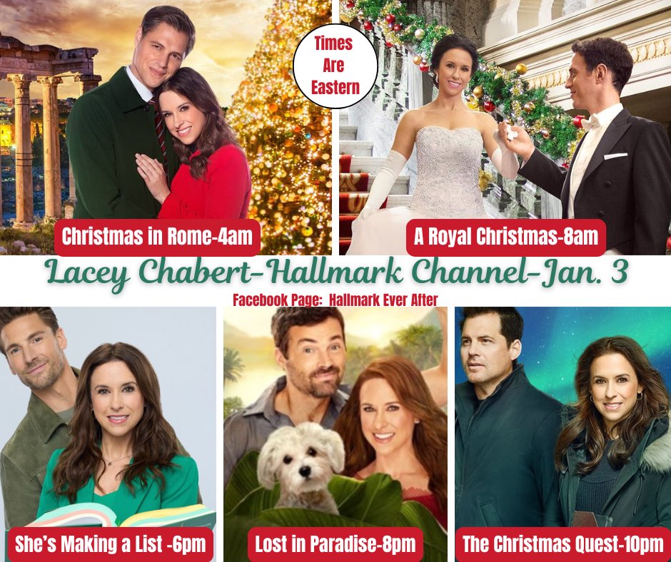 RomComReview1's tweet photo. LaceyChabert fans are in for a treat on SATURDAY, JANUARY 3!
Since her newest movie premieres at 8pm (#LostInParadise), #HallmarkChannel is playing four of her other movies, too!
#ChristmasInRome #ARoyalChristmas #ShesMakingAList #TheChristmasQuest #HallmarkSchedule https://t.co/M8erndRGhT