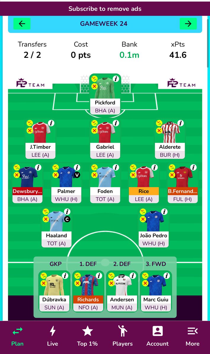 CharlieVantFPL's tweet photo. Trying to work out roughly what team I’m going to want around GW24. Fernandes will be back, Palmer has great fixtures - Champions League in full flow as well. 

I think this makes Saka 👉🏼 Rice an attractive move to free up funds, even though Saka is definitely the better asset. 

Looking to get to something like the below, and for me it’d look like this:

GW20: Raya and Virgil 👉🏼 Pickford and Gabriel

GW21: Roll 

GW22: Dorgu, Saka and Cunha 👉🏼 Richards, Palmer and Rice (-4)

GW23: Roll 

GW24: Gordon and Ekitike 👉🏼 Fernandes and Joao Pedro

Long way off and undoubtedly will change, but knowing what I’m looking at long term gives me a better idea of how to good through the next few weeks.