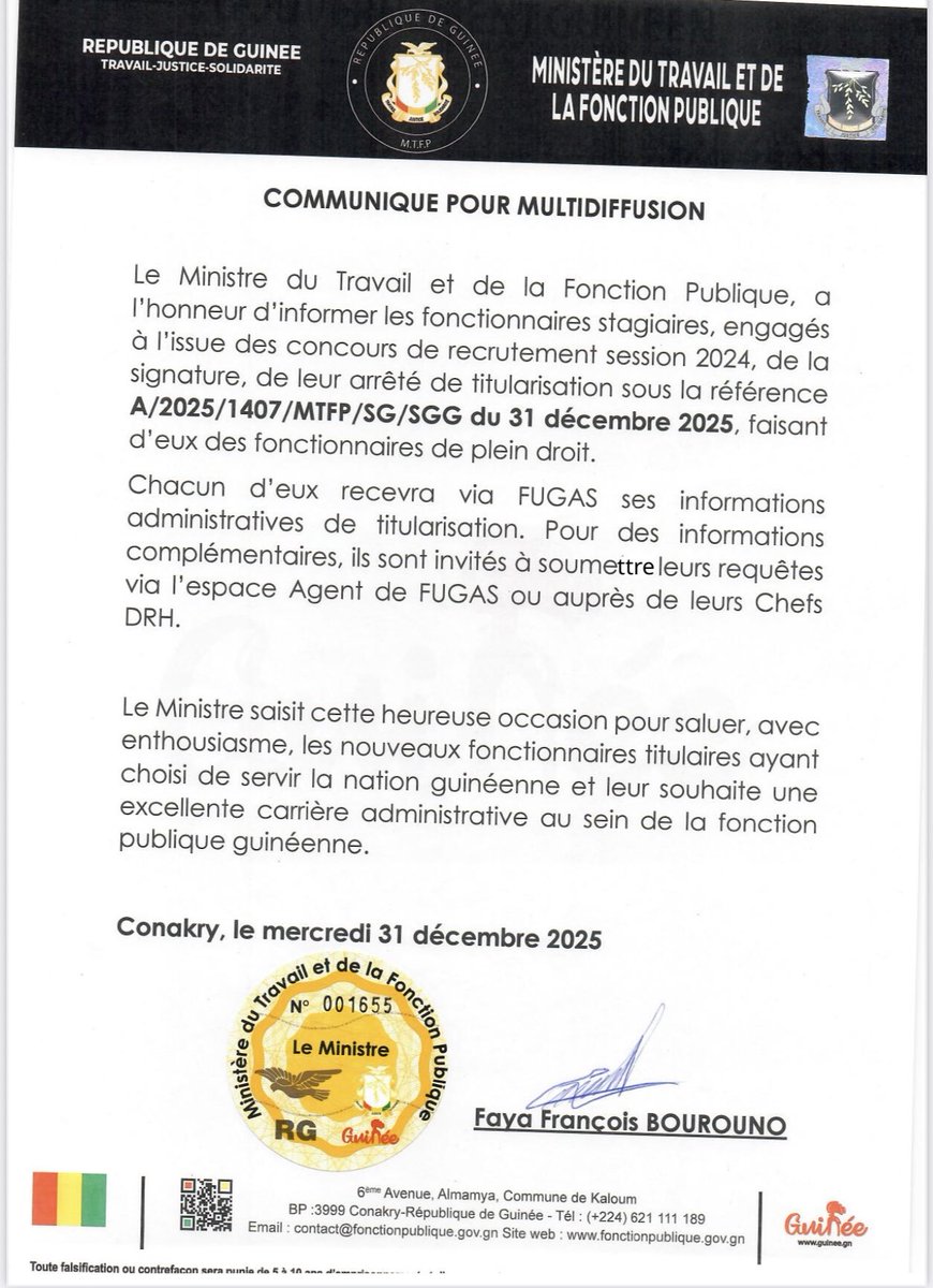 Titularisation actée : le Ministre du Travail et de la Fonction Publique, Monsieur Faya François Bourouno, confirme l’intégration définitive des fonctionnaires issus des concours, session 2024.