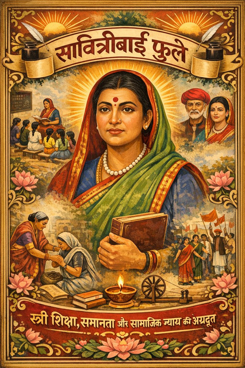 जिस दौर में बेटियों को पढ़ना गुनाह माना जाता था,
उस दौर में सावित्रीबाई ने किताब को हथियार बनाया।
अपमान, पत्थर और तिरस्कार सहकर भी
उन्होंने शिक्षा की लौ बुझने नहीं दी।

सावित्रीबाई फुले को सत सत नमन🙏