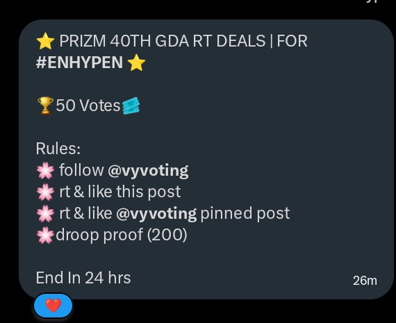 llie_ly's tweet image. ⭐️ PRIZM 40TH GDA RT DEALS | FOR #ENHYPEN ⭐️

🏆50 Votes🎟️ 

Rules:
🌸 follow @vyvoting
🌸 rt &amp;amp; like this post
🌸 rt &amp;amp; like @vyvoting pinned post
🌸droop proof (200)

End In 24 hrs #VampGENEsForGDA