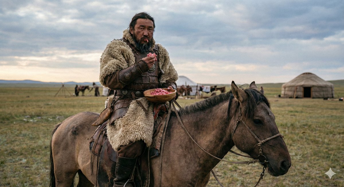 1230s Central Asia: A Mongol warrior rides for three days pursuing enemy scouts. He has dried meat strips and fermented milk in his saddlebag. But his horse is tiring. The meat is tough, requiring time to chew properly, and stopping means losing the enemy.

He needs calories