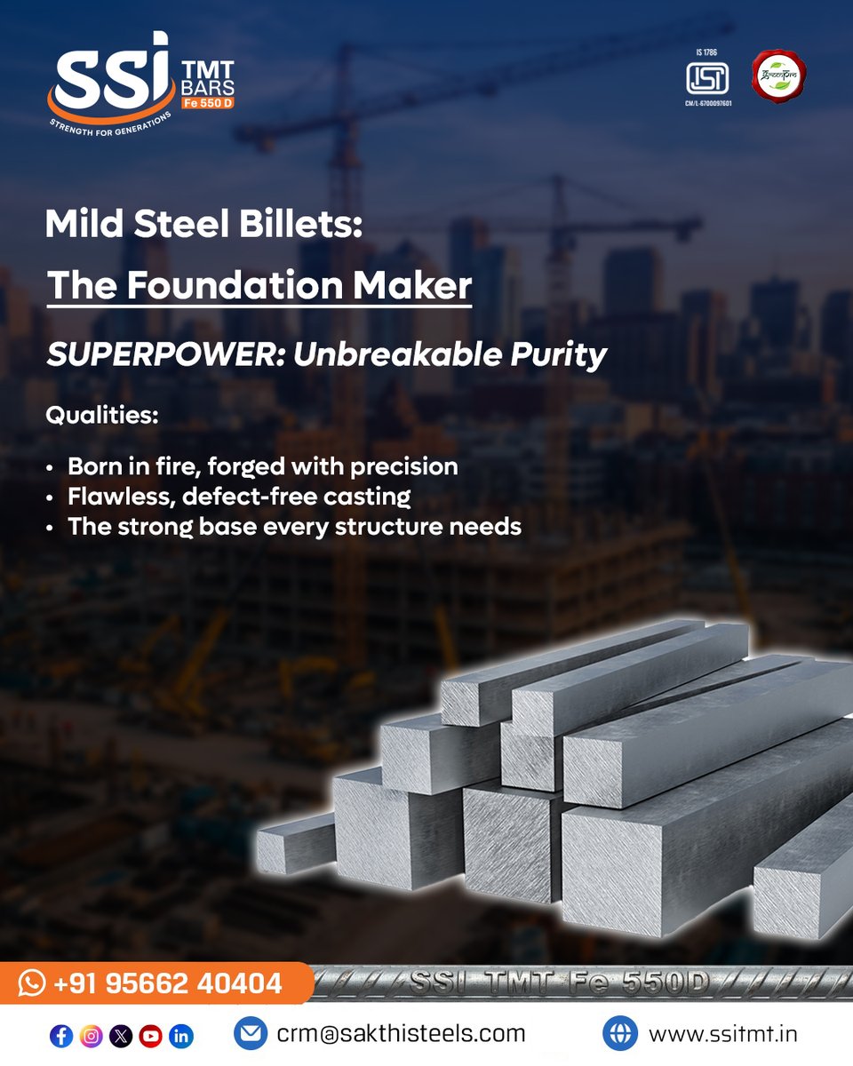 ssitmtbar's tweet image. From raw steel to reinforced strength, SSI TMT delivers a complete range of high-quality steel products.
✔️ Mild Steel Billets
✔️ TMT Bars
✔️ TMT Rings
✔️ Mild Steel Wires
Call: +91 9566240404
Visit us: crm@sakthisteels.com
#SSITMT #SteelProducts #BuildWithConfidence #Fe550DSteel