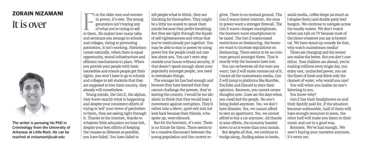 HashirAmeer5's tweet photo. Anyone who wants to read complete article may access it here. It is not available on express tribune website. How sad it is we can't even tolerate an article criticizing those in power.
#UraanPakistan2025
#2026YearOfImranKhan 
#ItIsOver https://t.co/D7u69BIvqz