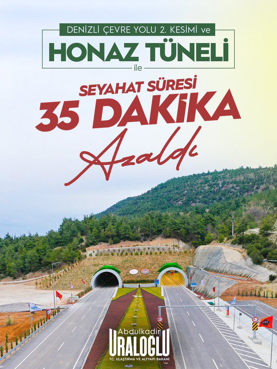 📍Denizli

🛣️ Denizli Çevre Yolu 2. Kesimi ve
🌉 Honaz Tüneli ile 👇

⤵️ Seyahat süresi 35 dk azaldı. 

💫 Milletimizi daha güvenli, hızlı ve konforlu ulaşım imkânlarıyla buluşturmaya devam edeceğiz.

#TürkiyeHızlanıyor 🇹🇷