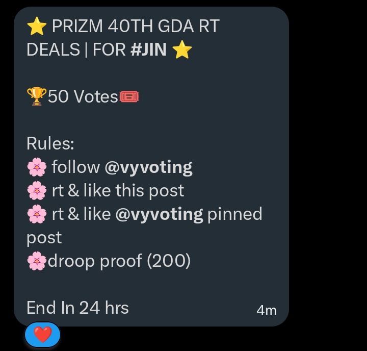 jinnies_luv7's tweet image. ⭐️ PRIZM 40TH GDA RT DEALS | FOR #JIN ⭐️

🏆50 Votes🎟️ 

Rules:
🌸 follow @vyvoting
🌸 rt &amp;amp; like this post
🌸 rt &amp;amp; like @vyvoting pinned post
🌸droop proof (200)

End In 24 hrs