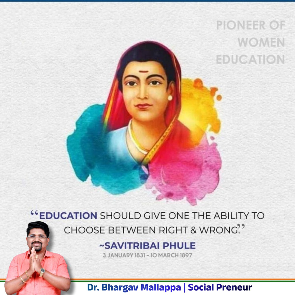 BhargavMallappa's tweet photo. On the birth anniversary of Savitribai Phule Ji, India’s first woman teacher and a symbol of social justice, we offer our heartfelt tribute.

#SavitribaiPhule  #MahatmaPhule #savitribaiphulejayanti  #FirstWomanTeacher #WomenEducation https://t.co/5sXLFCAEsC