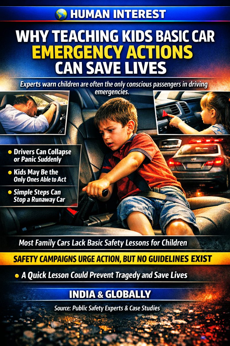 deepCH_2's tweet photo. 🚨 BREAKING | ROAD SAFETY & FAMILY AWARENESS

Adults Aren’t the Only Ones Who Need This — Kids Do Too

Journalist + Analyst + Investigator + Teacher Explainer

A critical safety truth is still being ignored in most families:

👉 Children are often the only conscious passengers during emergencies.

Teaching them nothing is a risk.
Teaching them the right things can save lives.

🔎 Investigator’s Reality Check

Real-world emergencies don’t follow age rules.
•A driver can:
•Faint
•Have a medical episode
•Panic in traffic
•The nearest passenger may be:
•A teenager
•An older child
•A sibling sitting in the front or back

In several documented incidents worldwide, children were present but helpless—not because they were incapable, but because no one taught them.

Ignorance, not age, is the vulnerability.

📊 Analyst’s Risk Assessment
•Low-speed emergencies are survivable if someone acts
•Runaway vehicles escalate fast
•Teaching children does not increase risk
•Not teaching them guarantees inaction

This is one of the highest safety-return lessons per minute invested.

🎓 What Children Should Be Taught (Age-Appropriate)

This is not driving.
This is emergency response.

👶 Younger Children (5–8 years)
•How to:
•Shout for help
•Turn on hazard lights (show the button)
•Unlock doors
•When to:
•Stay seated and belted
•Get out only if told

🧒 Older Children (9–13 years)
•Everything above, plus:
•How to pull the handbrake
•What “Neutral (N)” means
•How to open windows
•How to call emergency services

👦 Teenagers (14+)
•Full emergency basics:
•Handbrake usage
•Gear to Neutral
•Engine off (if safe)
•Seat adjustment to reach controls
•Guiding the car to a safe stop if moving slowly

Many teens already understand phones better than cars — this balances that gap.

🧠 Teacher’s Golden Rule

“Teach children what to do — not what to fear.”

No panic.
No dramatization.
Just calm, repeatable steps.

Practice once.
Revisit occasionally.
Confidence replaces fear.

📰 Journalist’s Hard Truth

We teach children:
•Fire drills
•Stranger danger
•Internet safety

Yet we leave them clueless inside a 1.5-ton moving machine.

That’s not caution.
That’s oversight.

⚠️ Why Parents Hesitate — And Why They Shouldn’t

❌ “They’re too young”
❌ “They’ll misuse it”
❌ “It’ll scare them”

Reality:
✔ Kids rise to responsibility when taught calmly
✔ Clear rules prevent misuse
✔ Knowledge reduces fear — ignorance fuels it

📌 BOTTOM LINE
•Safety is not adult-only.
•Children are not passengers by default — they are potential responders.
•A 20-minute family lesson can:
•Prevent panic
•Stop a rolling car
•Save siblings, parents, pedestrians

🚨 Teaching car basics isn’t about driving.
It’s about survival — for adults and children alike.

Cars carry families.
Safety education must include every seat.

#RoadSafety #ChildSafety #FamilyAwareness