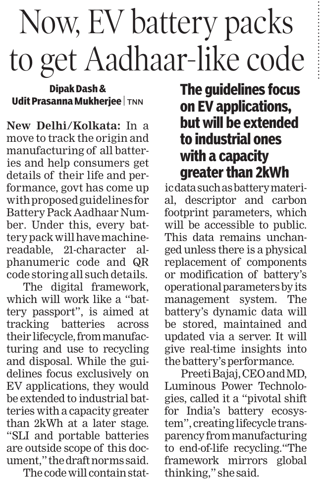 dipakdashTOI's tweet photo. @MORTHIndia unveils draft Aadhaar framework for Batteries. Our report in @timesofindia 
And a retweet of my July 8, 2025 report on the plan to have this Battery Passport system. https://t.co/jBVgVTfI99