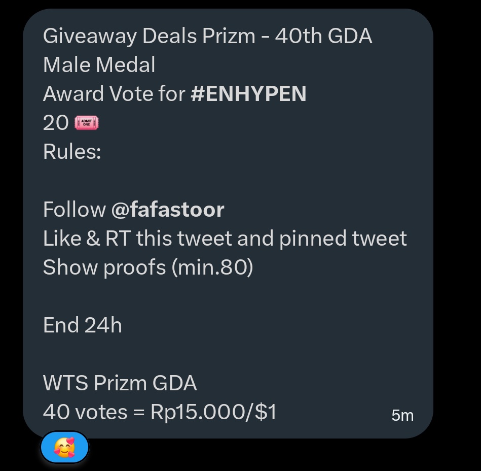 Giveaway Deals Prizm - 40th GDA Male Medal
Award Vote for #ENHYPEN
20 🎟️
Rules:

Follow <a href="/fafastoor/">wawa</a> 
Like &amp; RT this tweet and pinned tweet
Show proofs (min.80)

End 24h

WTS Prizm GDA
40 votes = Rp15.000/$1