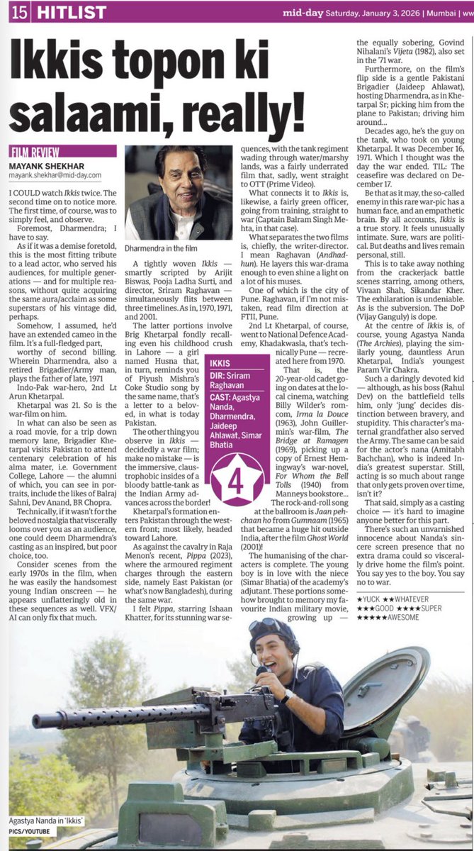 I could watch Ikkis twice. The second time on to notice more. The first time, of course, was to simply feel, and observe.

Foremost, Dharmendra; I have to say.

As if it was a demise foretold, this is the most fitting tribute to a lead actor, who served his audiences, for