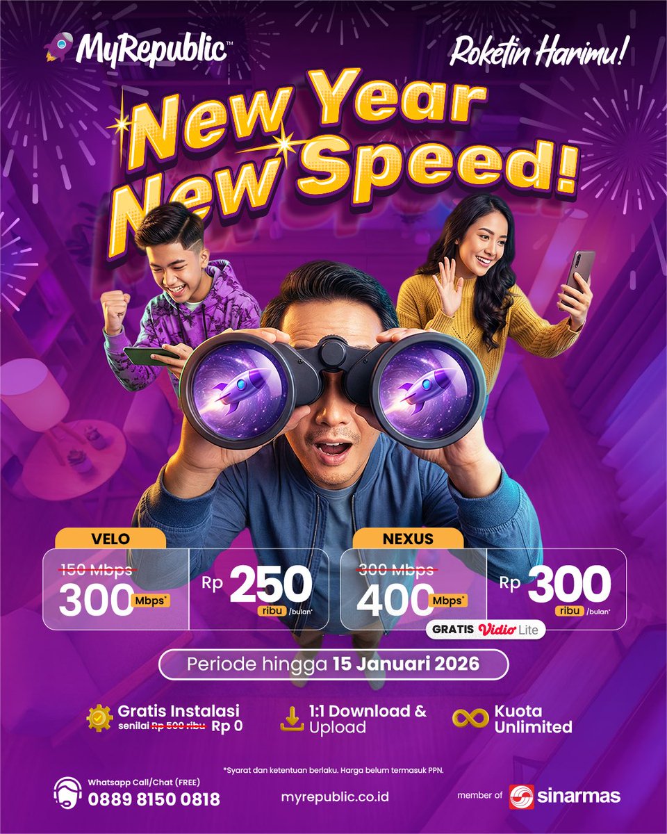 Siap masuk tahun baru dengan kecepatan baru? 🚀✨

⚡ Up to 300 Mbps cuma 250 ribuan
⚡ Up to 400 Mbps cuma 300 ribuan
🗓️ Periode hingga 15 Januari 2026

📲 Info &amp; pendaftaran klik link "Promo New Year, New Speed" di bio atau hubungi WhatsApp Maira 0889 8150 0818