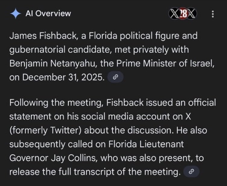 j_fishback's tweet image. This is ELECTION INTERFERENCE.

Google is *falsely claiming* that I met with Netanyahu this week.

Google rigging the Governor’s race for Jay Collins and Byron Donalds to sabotage our campaign because they know I’ll stop their AI DATA CENTERS in Florida.

h/t: @NicholasRedmann